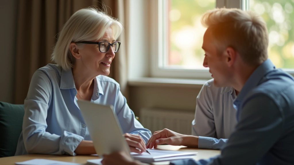 Familie plant Ruhestand mit Finanzberater am Laptop, modernes Wohnzimmer, warmes Licht